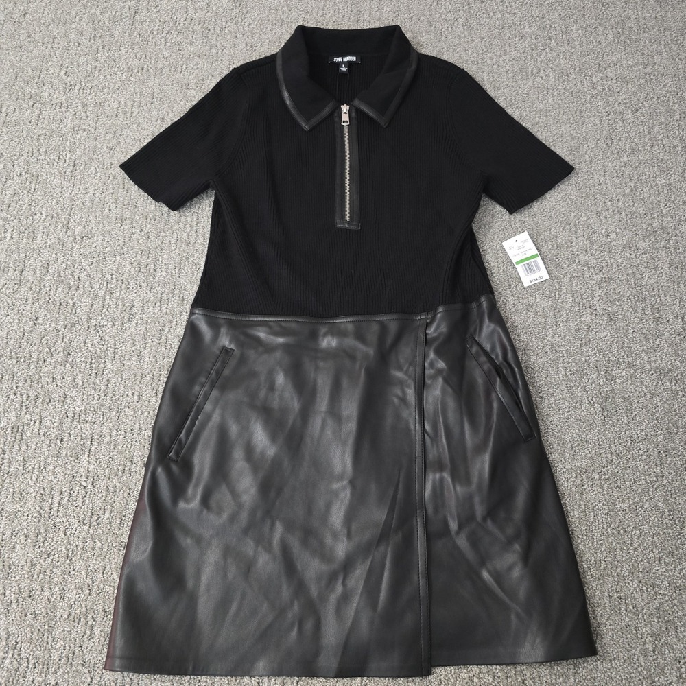 Steve Madden Black Ribbed Top with Faux Leather Skirt Mini Dress